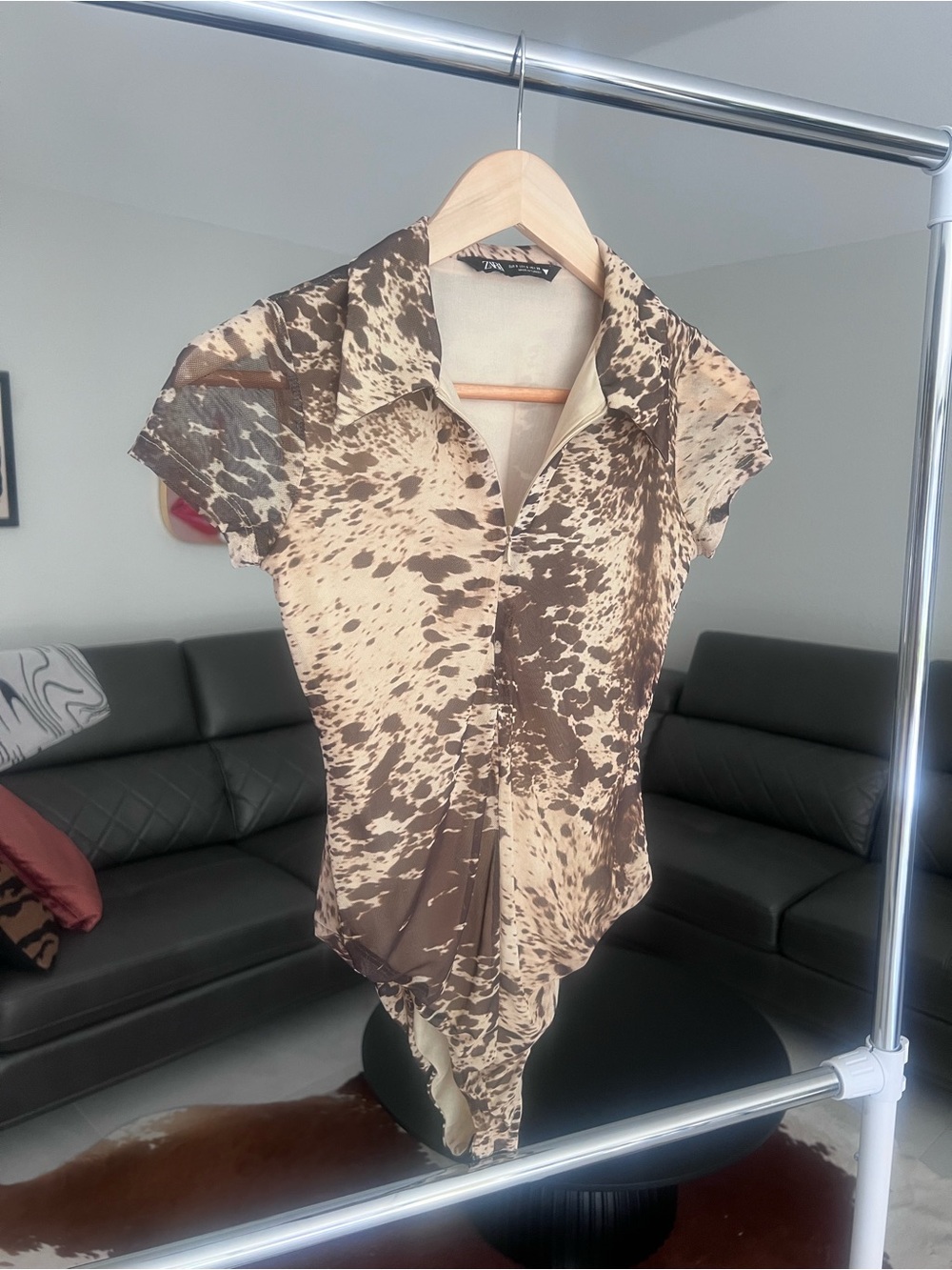 Zara Brown & Cream Animal-Print Short Sleeve Bodysuit